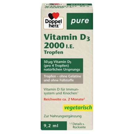 Abbildung der Produktverpackung Doppelherz pure Vitamin D3 2000 I.E. Tropfen Frontansicht